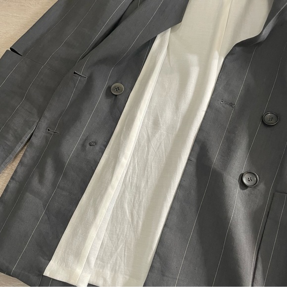 Tibi Gray Linen Blend Pinstripe Double Breasted Blazer Elbow Cutouts - Picture 4 of 10